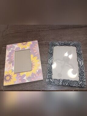 Unk Floral Yellow Purple Sunflower & Unk Ornate Silver Picture Frames
